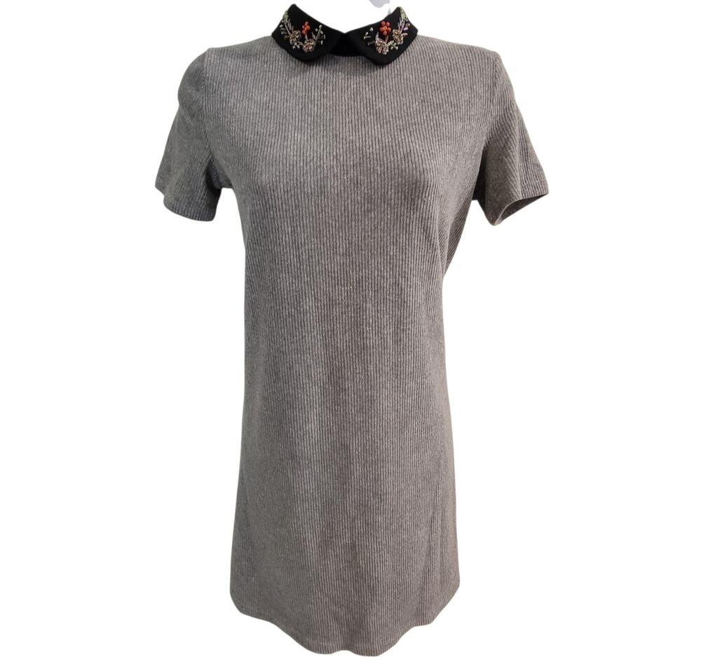 ara Trafaluc Gray Ribbed Shift Dress Embellished Peter Pan Collar Size S